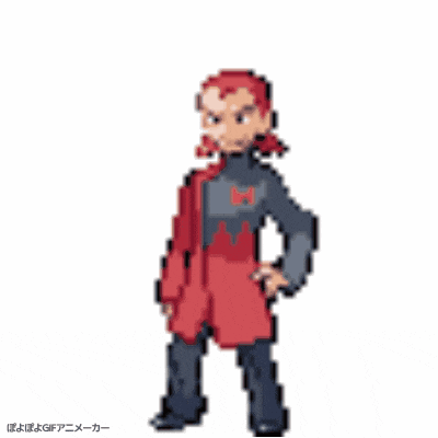 a pixel art drawing of a man with red hair and a letter h on his chest