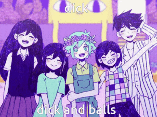 a group of anime characters standing next to each other with the words " dick and balls " in the corner