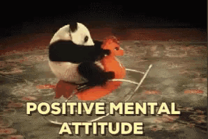 a panda bear is riding a rocking horse with the words positive mental attitude written below it