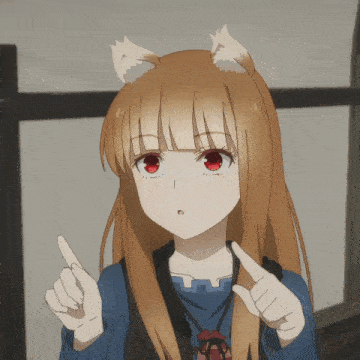 a girl with red eyes and fox ears points up