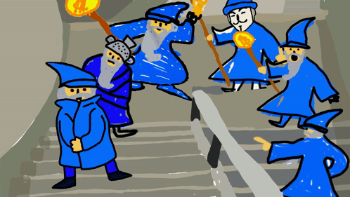 a group of wizards in blue robes are walking down a set of stairs