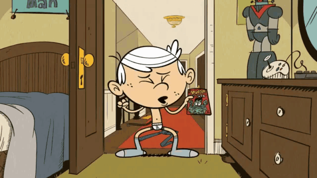 a cartoon of lincoln from the loud house sitting in a bedroom