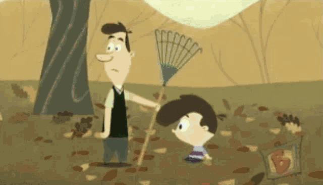a cartoon of a man holding a rake and a boy laying on the ground