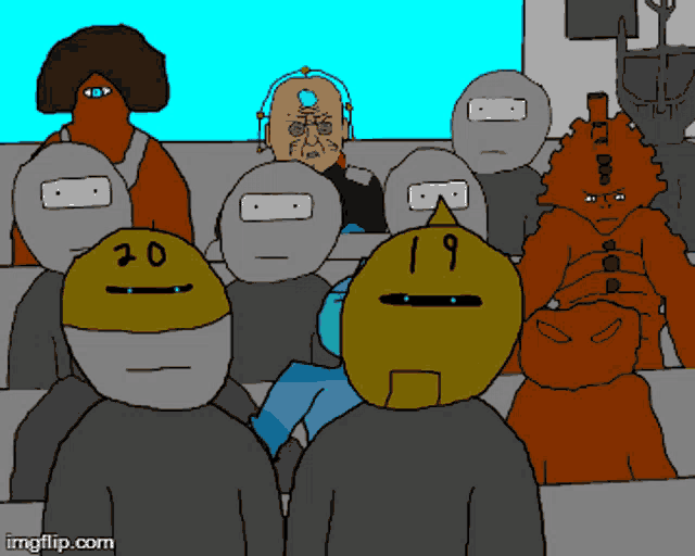 a group of cartoon characters with one wearing a number 19
