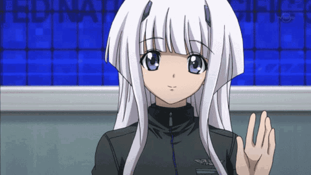 a girl with white hair and purple eyes stands in front of a screen that says pacific