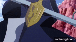 a close up of a person holding a sword with a shield on it