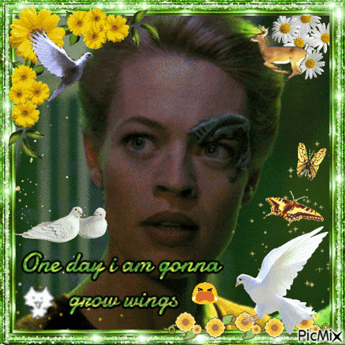 a picture of a woman with the words one day i am gonna grow wings surrounded by flowers and birds