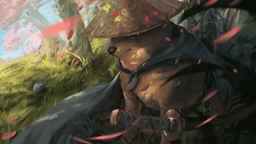 a painting of a dog wearing a straw hat holding a sword
