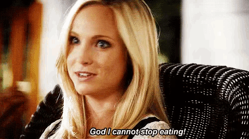 a woman is sitting in a chair and saying `` god , i cannot stop eating ! ''
