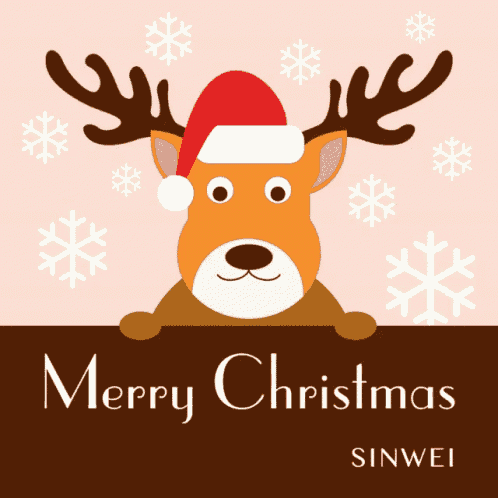 a reindeer wearing a santa hat is peeking over a sign that says merry christmas