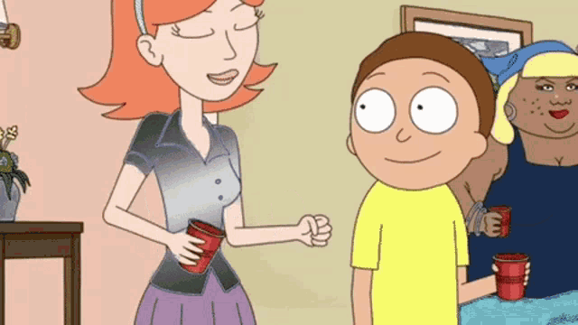 a cartoon of a woman holding a red cup standing next to a man in a yellow shirt