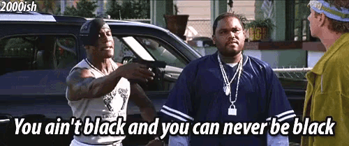 a man pointing a gun at another man with the words you ain 't black and you can never be black