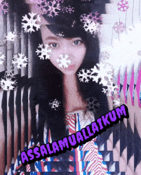 a girl is surrounded by snowflakes and the words assalamualaikum on the bottom