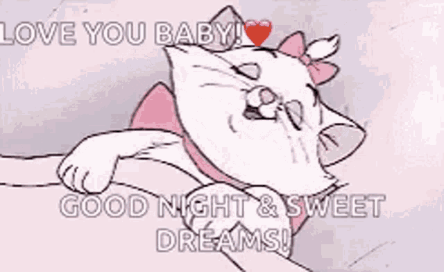 a cartoon cat with a pink bow on its head is laying on a bed and says `` love you baby ! ''