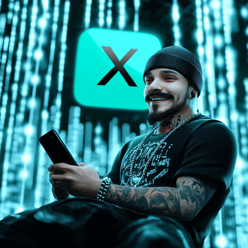 a man with a tattoo on his arm holds a cell phone in front of a green x