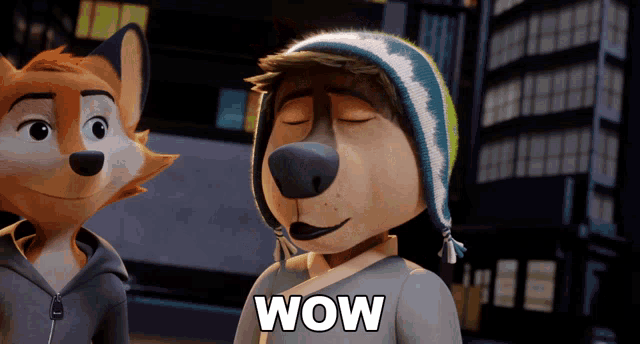 a cartoon dog wearing a hoodie and a hat says wow