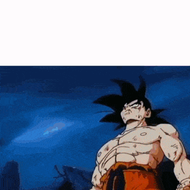 goku from dragon ball z without a shirt is standing in front of a blue background .