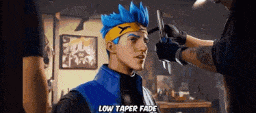 a man with blue hair and a yellow headband is getting his hair cut .