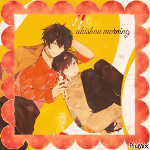 a picture of two anime characters with akishou morning written on the top