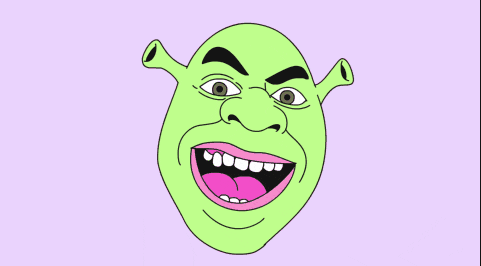 a cartoon donkey and shrek faces with their tongues out