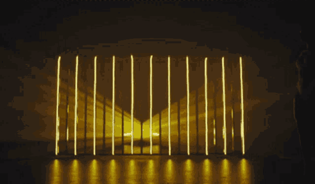 a woman is walking in front of a wall of yellow lights
