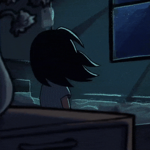 a cartoon drawing of a girl standing in a dark room