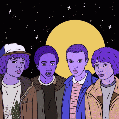a drawing of a group of boys with purple hair standing in front of a full moon