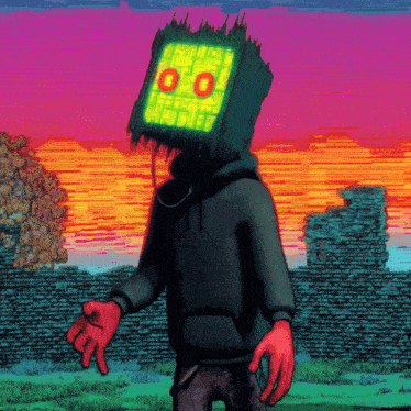 a cartoon of a person with a green box on their head that says 00