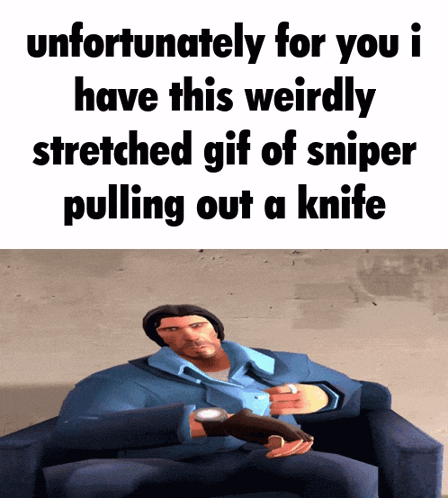 a man laying on a couch with a gif of sniper pulling out a knife