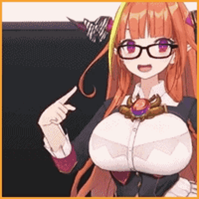 a close up of a girl wearing glasses and a necklace pointing at something .