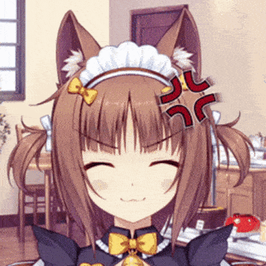 a girl with cat ears and a bow on her head has an angry look on her face