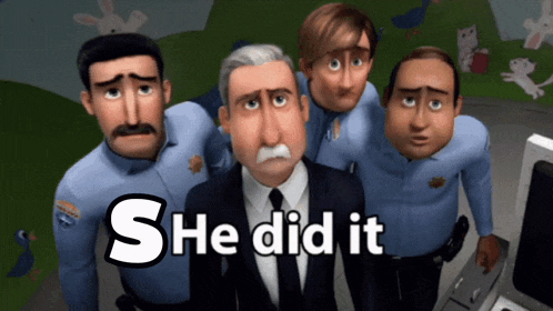 a group of cartoon police officers with the words she did it on the bottom