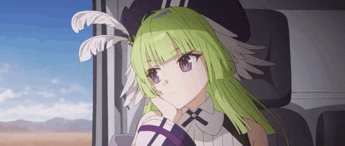 a girl with green hair is sitting in a car