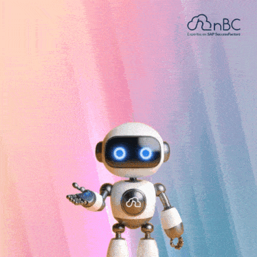 a robot is standing in front of a colorful background that says hola