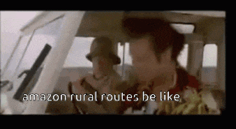 two men in a car with the words " amazon rural routes be like " on the screen
