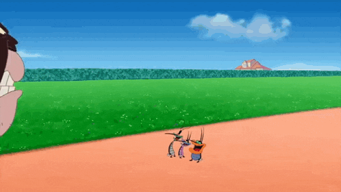 a couple of cartoon characters standing on a track