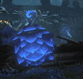 a blue monster with a swirl on its head stands in a dark forest