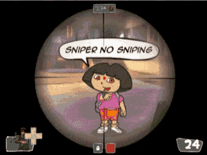 a cartoon of dora says sniper no sniping while looking through a scope