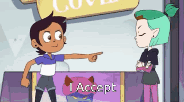two cartoon characters are standing next to each other and one of them is pointing .