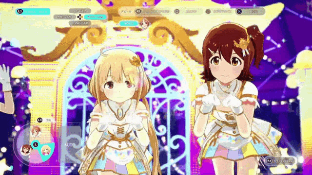 two anime girls standing next to each other in front of a purple background
