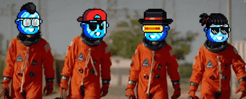 a group of astronauts are walking in a line with their faces on a screen