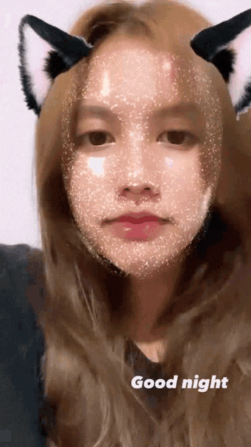 a girl with cat ears on her head and the words good night below her