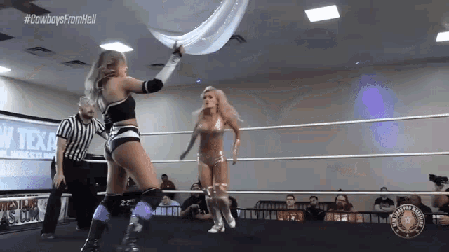 two women are wrestling in a ring with a referee and the words cowboys from hell on the wall behind them .