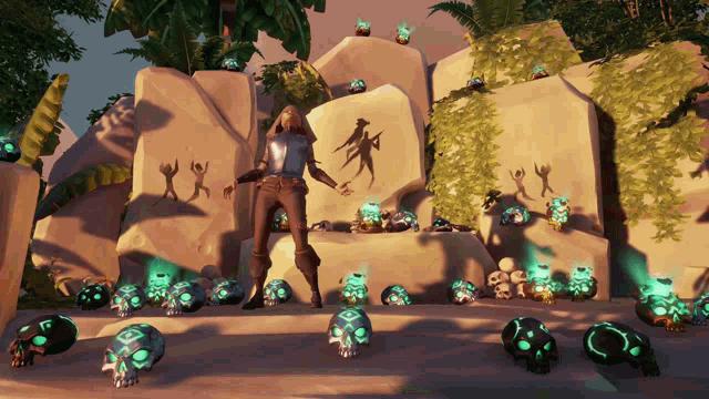 a man in a video game surrounded by skulls and rocks