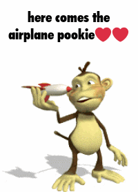 a cartoon monkey is holding a toy airplane with the words here comes the airplane pookie