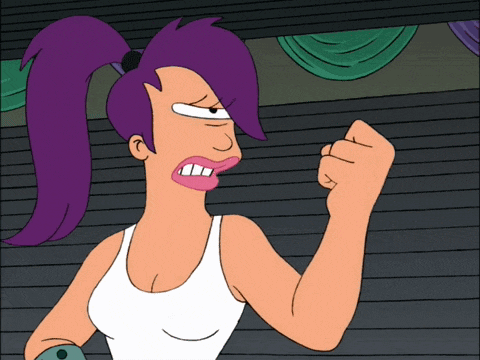 a cartoon character with purple hair and a white tank top holds her fist up