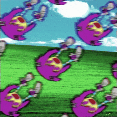 a bunch of purple birds are flying in the air