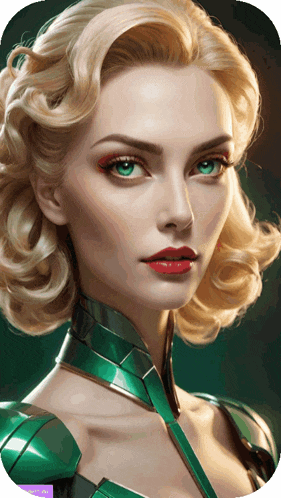 a woman with blonde hair and green eyes is wearing a green suit