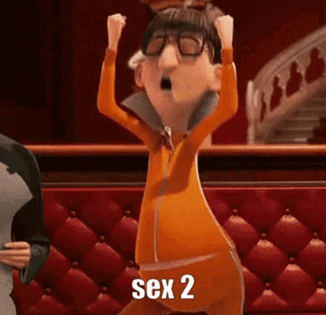 a cartoon character from despicable me is dancing with his arms in the air and says sex 2 .