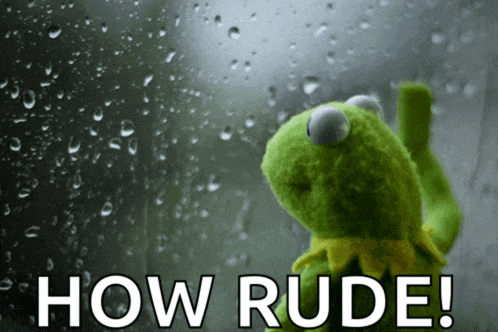 kermit the frog is looking out a window with the words how rude written below him